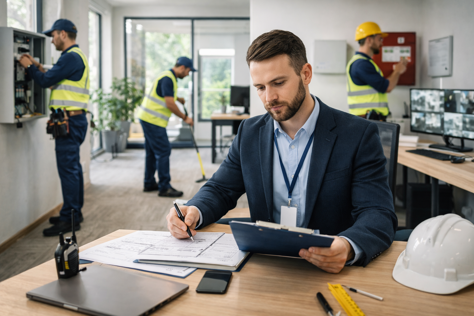 Property manager coordinating a maintenance team